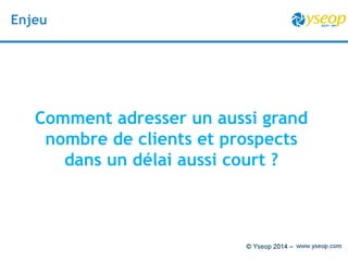 Enjeu 
Comment adresser un aussi grand 
nombre de clients et prospects 
dans un délai aussi court ? 
 