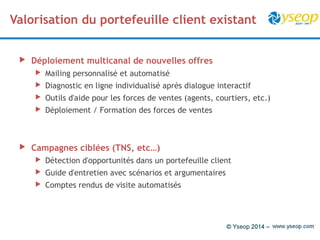 Valorisation du portefeuille client existant 
 Déploiement multicanal de nouvelles offres 
 Mailing personnalisé et automatisé 
 Diagnostic en ligne individualisé après dialogue interactif 
 Outils d'aide pour les forces de ventes (agents, courtiers, etc.) 
 Déploiement / Formation des forces de ventes 
 Campagnes ciblées (TNS, etc…) 
 Détection d'opportunités dans un portefeuille client 
 Guide d'entretien avec scénarios et argumentaires 
 Comptes rendus de visite automatisés 
 