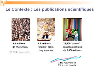 Le Contexte : Les publications scientifiques 5.5 millions de chercheurs 1.4 millions   “ papiers”  écrits chaque ann ée 24,000  “revues” r éalisées par plus de  2,000   éditeurs (13,074  Universités) ‏ 3.5%  + journals/an 3%  + chercheurs/an 
