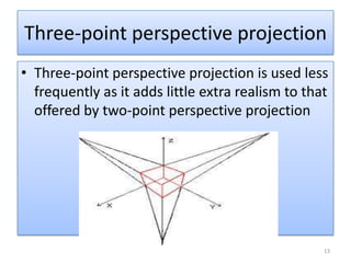 Three-point perspective projection
• Three-point perspective projection is used less
  frequently as it adds little extra realism to that
  offered by two-point perspective projection




                                                   13
 