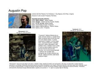 Augustin Pop
Institutul de Arte Plastice “Ion Andreescu”, Cluj-Napoca, DLA Pesc, Ungaria
Doctorat în arte vizuale Timişoara, România
Expoziţii personale (selectiv)
2008- What’s What? , atelier Oradea.
2008- Groapa – Galeria de Arte Vizuale, Oradea.
2007- S.T.A.I. să vezi, atelier Oradea.
2003- Universitatea de Vest- Timişoara.
2003- Galeria „Melina Merkury”, Drama- Grecia.
2000- Galeria „Unic”, Timişoara.
Efervescent, 2010
100/100 cm, acrilic pe pânză
Translucid, 2010
100/100 cm, ulei pe pânză
“Efervescent”: Grupul de copii aflaţi în prim plan, în albastru indigo, plasaţi pe fundalul unei scenografii în alb-negru ce reprezintă un peisaj industrial
abandonat (o arheologie industrială) proiectează spectrul şi procesul de apariţie a unei imagini. Ansamblul tulburat în alb cetos-negru bitum, fărâmiţat, jupuit
în contrast cu figurile pictate în nuanţe de expresia cernelii indică un moment din procesul apariţiei imaginii fotografice din baia de revelator. “Revelarea
efervescentă” proiectează energia eliberată odată cu aparitia unor portrete vii – în raport cu a şasea lege din Decalog.
“Translucid”: Atelierul Maiestrului,un
spaţiu pictural realizat cu vopsele alb şi
negru suculente este luminat de sursă
de curent aflată median, în partea
superioară a încăperii. Lumina ireală,
neon, neverosimilă pentru realitatea
descrisă în tablou descoperă o altă
realitate. Este o realitate Trans-Lucida
în care se vede sculptorul care şi-a
asumat menirea să puna aripi
lucrurilor, într-o lume transcendentală
– indiferent de condiţiile date,
contigente sau virtuale, prezente sau
trecute. Tabloul prezintă o alternativă:
subiectul fiinţării.
 