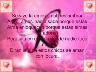 Se vive la emosion al deslumbrar Aquel amor..nadie sabe porque estas Alma enloquecen porque estas almas se adoran Pero alla en el cielo donde nadie toco nube Diran la luna estos chicos se aman con locura. 