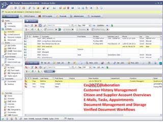 County Collaboration 
Customer History Management 
Citizen and Supplier Account Overviews 
E-Mails, Tasks, Appointments 
Document Management and Storage 
Verified Document Workflows 
 