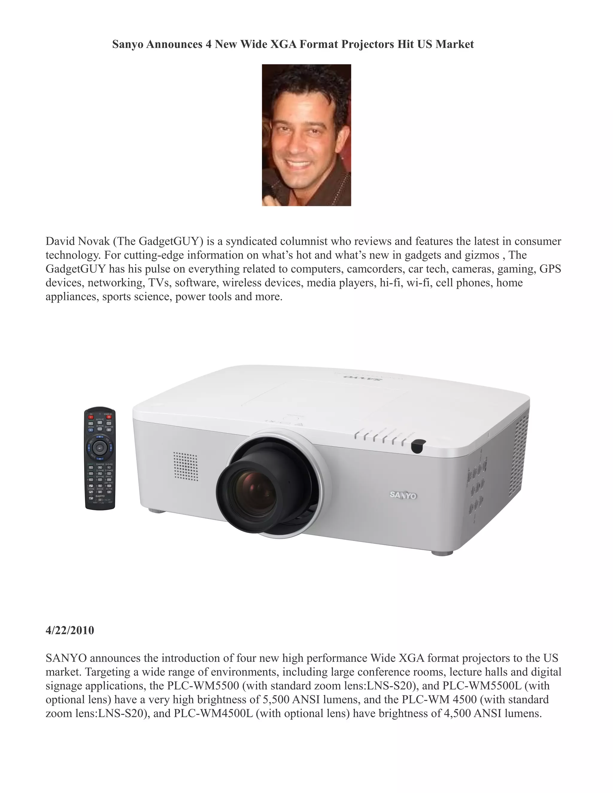 Sanyo announces 4 new wide xga format projectors hit us market david novak (the gadgetguycolumn