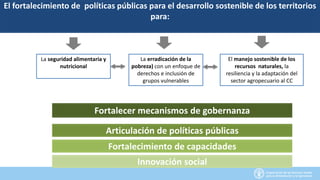 El fortalecimiento de políticas públicas para el desarrollo sostenible de los territorios
para:
La seguridad alimentaria y
nutricional
La erradicación de la
pobreza) con un enfoque de
derechos e inclusión de
grupos vulnerables
El manejo sostenible de los
recursos naturales, la
resiliencia y la adaptación del
sector agropecuario al CC
Fortalecer mecanismos de gobernanza
Articulación de políticas públicas
Innovación social
Fortalecimiento de capacidades
 