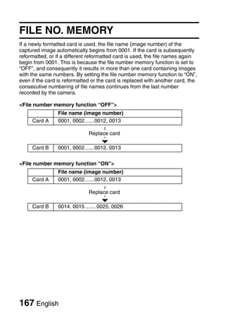 FILE NO. MEMORY
If a newly formatted card is used, the file name (image number) of the
captured image automatically begins from 0001. If the card is subsequently
reformatted, or if a different reformatted card is used, the file names again
begin from 0001. This is because the file number memory function is set to
“OFF”, and consequently it results in more than one card containing images
with the same numbers. By setting the file number memory function to “ON”,
even if the card is reformatted or the card is replaced with another card, the
consecutive numbering of file names continues from the last number
recorded by the camera.

<File number memory function “OFF”>
                 File name (image number)
     Card A      0001, 0002 ...... 0012, 0013

                              Replace card

     Card B      0001, 0002 ...... 0012, 0013


<File number memory function “ON”>
                 File name (image number)
     Card A      0001, 0002 ...... 0012, 0013

                              Replace card

     Card B      0014, 0015 ....... 0025, 0026




167 English
 