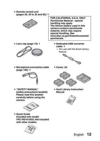 i Remote control unit
  (pages 26, 30 to 32 and 82): 1
                                   FOR CALIFORNIA, U.S.A. ONLY
                                   Perchlorate Material - special
                                   handling may apply.
                                   The lithium battery used in this
                                   camera contains perchlorate
                                   material, which may require
                                   special handling. See
                                   www.dtsc.ca.gov/hazardouswaste/
                                   perchlorate.

i Lens cap (page 13): 1              i Dedicated USB converter
                                       cable: 1
                                       h For use with the Xacti Library
                                         feature




i Microphone connection cable        i Cores: (4)
  (page 192): 1




i “SAFETY MANUAL”                    i Xacti Library Instruction
  (safety precautions booklet)         Manual
  Please read this booklet
  carefully before using the
  camera.




i Quick Guide
  Included with model
  VPC-HD1010GX. Not included
  with other models.




                                                        English      12
 