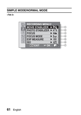 SIMPLE MODE/NORMAL MODE
<Tab 2>




                 1 RECORDING MENU 2
                   MOVIE STABILIZER    1
                2                      2
                   PHOTO STABILIZER
                3  FOCUS               3
                 1 FOCUS MODE          4
                2 EXP MEASURE          5
                3 ISO                  6
                        EXIT      OK   7




61    English
 