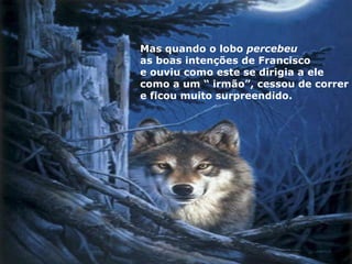 Mas quando o lobo percebeu
as boas intenções de Francisco
e ouviu como este se dirigia a ele
como a um “ irmão”, cessou de correr
e ficou muito surpreendido.
 