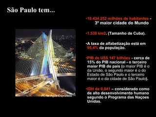 10.434.252 milhões de habitantes  -  3º maior cidade do Mundo 1.530 km2 . (Tamanho de Cuba). A taxa de alfabetização está em  95,4%  da população. PIB de US$ 147 bilhões  - cerca de 15% do PIB nacional - o terceiro maior PIB do país ( o maior PIB é o da União, o segundo maior é o do Estado de São Paulo e o terceiro maior é o da cidade de São Paulo ).  IDH de 0,841  – considerado como de alto desenvolvimento humano segundo o Programa das Naçoes Unidas. São Paulo tem... Ponte Água Espraiada 