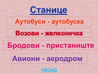 Аутобуси - аутобуска
.
Бродови - пристаниште
Авиони - аеродром
Станице
НАЗАД
 