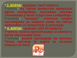* 3. КОРАК: трајање: око5 минута.
Учитељ: на табли шематски приказује
врсте саобраћаја, поставња питања
ученицима у вези са врстама саобраћаја.
Ученици: ’’помажу’’ учитељу својим
одговорима да заврши запис на табли,
међусобно се консултују и допуњују.
* 4. КОРАК: трајање: око 10 минута.
Учитељ: пушта презентацију са квизом у
циљу евалуације часа.
Ученици: редом одговарају на питања.
Тачан одговор је карта за излазак
напоље са часа.
НАЗАД
 
