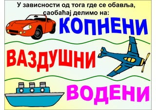 У зависности од тога где се обавља,
       саобаћај делимо на:
 