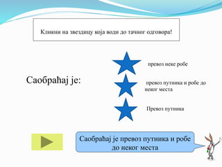 Саобраћај је:
превоз неке робе
превоз путника и робе до
неког места
Превоз путника
Ако ти треба помоћ кликни на менеСаобраћај је превоз путника и робе
до неког места
Кликни на звездицу која води до тачног одговора!
 