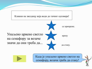 Упаљено црвено светло
на семафору за возаче
значи да они треба да...
се припреме.
крену
да стану.
Ако ти треба помоћ кликни на мене!
Када је упаљено црвено светло на
семафору, возачи треба да стану!
Кликни на звездицу која води до тачног одговора!
 