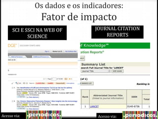 Os dados e os indicadores:

Fator de impacto
SCI E SSCI NA WEB OF
SCIENCE

Acesso via:

JOURNAL CITATION
REPORTS

Acesso via:

 