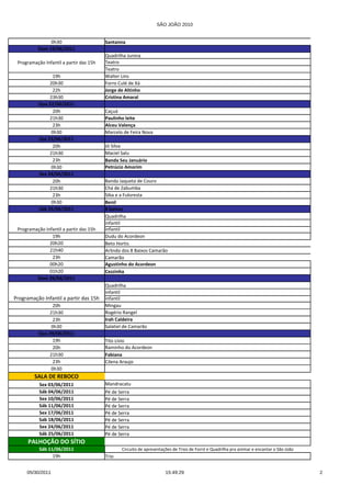 SÃO JOÃO 2010


               0h30                      Santanna
          Dom 19/06/2011
                                         Quadrilha Junina
 Programação Infantil a partir das 15h   Teatro
                                         Teatro
                 19h                     Walter Lins
                20h30                    Forro Culé de Xá
                 22h                     Jorge de Altinho
                23h30                    Cristina Amaral
           Qua 22/06/2011
                 20h                     Caçuá
                21h30                    Paulinho leite
                 23h                     Alceu Valença
                0h30                     Marcelo de Feira Nova
           Qui 23/06/2011
                 20h                     Jó Silva
                21h30                    Maciel Salu
                 23h                     Banda Seu Januário
                0h30                     Petrúcio Amorim
           Sex 24/06/2011
                 20h                     Banda Jaqueta de Couro
                21h30                    Chá de Zabumba
                 23h                     Siba e a Fuloresta
                0h30                     Benil
           Sáb 25/06/2011                8 baixos
                                         Quadrilha
                                         infantil
 Programação Infantil a partir das 15h   infantil
                19h                      Dudu do Acordeon
               20h20                     Beto Hortis
               21h40                     Arlindo dos 8 Baixos Camarão
                23h                      Camarão
               00h20                     Agustinho do Acordeon
               01h20                     Cezzinha
         Dom 26/06/2011
                                         Quadrilha
                                         infantil
Programação Infantil a partir das 15h    infantil
                 20h                     Mingau
               21h30                     Rogério Rangel
                 23h                     Irah Caldeira
                0h30                     Salatiel de Camarão
           Qua 29/06/2011
                 19h                     Tito Lívio
                 20h                     Raminho do Acordeon
               21h30                     Fabiana
                 23h                     Cilena Araujo
                0h30
         SALA DE REBOCO
           Sex 03/06/2011                Mandracatu
           Sáb 04/06/2011                Pé de Serra
           Sex 10/06/2011                Pé de Serra
           Sáb 11/06/2011                Pé de Serra
           Sex 17/06/2011                Pé de Serra
           Sab 18/06/2011                Pé de Serra
           Sex 24/06/2011                Pé de Serra
           Sáb 25/06/2011                Pé de Serra
      PALHOÇÃO DO SÍTIO
           Sáb 11/06/2011                       Circuito de apresentações de Trios de Forró e Quadrilha pra animar e encantar o São João
                 19h                     Trio


     05/30/2011                                                       15:49:29                                                             2
 