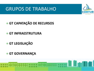 GRUPOS DE TRABALHO
GT CAPATAÇÃO DE RECURSOS
GT INFRAESTRUTURA
GT LEGISLAÇÃO
GT GOVERNANÇA
 