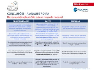 CONCLUSÕES - A ANÁLISE F.O.F.A
Da comercialização de São Luís no mercado nacional
         OPORTUNIDADES                                            FATOS                                     AMEAÇAS
                                                 Segundo a pesquisa realizada , 92% do
  Desenvolver ações de sensibilização e
                                                    trade emissivo nacional, diz que
  promoção para quem decide a compra                                                         Divulgar São Luís por meio de operadoras
                                                  comercializa o produto São Luís, em
   dentro das operadoras nos mercados                                                         hoje, é reforçar o destino concorrente.
                                                media, há 11 anos, mas isso não se reflete
           emissores nacionais.
                                                   na composição de vendas atual.
   Desenvolver ações de treinamento e             Apesar de haver muitas empresas que
capacitação dirigidas especificamente para       comercializam São Luís, apenas 18% dos      Divulgar São Luís por meio de operadoras
    os vendedores das operadoras dos               profissionais envolvidos na venda          hoje, é reforçar o destino concorrente.
          mercados emissores.                             conhecem o destino.

 Definir o posicionamento para São Luís e        Segundo a pesquisa do trade nacional a
                                                                                             São Luís sai perdendo porque o produto
     trabalhar na comunicação desse             imagem dos Lençóis e indissociável de
                                                                                                         Lençóis é sazonal.
  posicionamento no mercado nacional.                        São Luís.


  Criar material promocional que mostre         Segundo a pesquisa do trade nacional, 60%
                                                                                             Desinformação dos canais de venda sobre
toda a oferta turística de São Luís, e não de    das empresas entrevistadas não recebem
                                                                                             o produto e a oferta turística de São Luís.
             produtos parciais.                    material promocional de São Luís.


                                                 Segundo a pesquisa ao trade nacional, a
                                                   maioria das empresas percebe que a
 Transformar recursos culturais em novos                                                      Perda de mercado pela oferta cultural
                                                 oferta cultural, fora o Centro Histórico,
        produtos e oferta turística.                                                                    subaproveitada.
                                                    precisa ser sistematizada de forma
                                                               permanente.
                                                                                                              Prof. Dr. Eduardo Sanovicz – EACH/USP – Jan 12
 