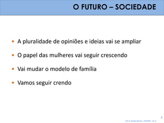 O FUTURO – SOCIEDADE



• A pluralidade de opiniões e ideias vai se ampliar

• O papel das mulheres vai seguir crescendo

• Vai mudar o modelo de família

• Vamos seguir crendo




                                                                                             6
                                            Prof. Dr. Eduardo Sanovicz – EACH/USP – Jan 12
 