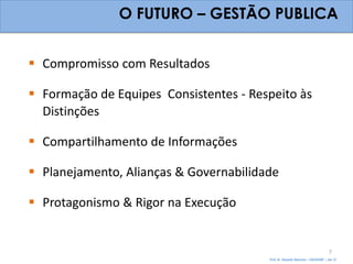 O FUTURO – GESTÃO PUBLICA


 Compromisso com Resultados

 Formação de Equipes Consistentes - Respeito às
  Distinções

 Compartilhamento de Informações

 Planejamento, Alianças & Governabilidade

 Protagonismo & Rigor na Execução


                                                                                7
                                        Prof. Dr. Eduardo Sanovicz – EACH/USP – Jan 12
 