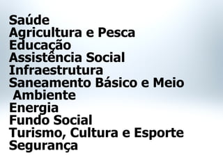 Saúde
Agricultura e Pesca
Educação
Assistência Social
Infraestrutura
Saneamento Básico e Meio
Ambiente
Energia
Fundo Social
Turismo, Cultura e Esporte
Segurança
 