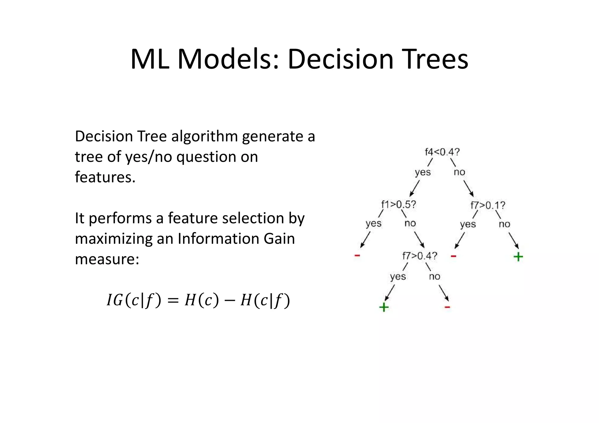 ML Models: Decision Trees
Decision Tree algorithm generate a
tree of yes/no question on
features.
It performs a feature selection by
maximizing an Information Gain
measure:
= − ( | )
 