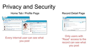 Privacy and Security
     Home Tab / Profile Page        Record Detail Page




                                      Only users with
 Every internal user can see what
                                    “Read” access to the
             you post
                                    record can see what
                                          you post
 