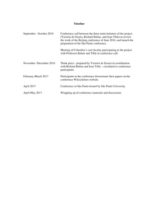 Timeline
September - October 2016 Conference call between the three main initiators of the project
(Victoria de Grazia, Richard Balme, and Jean Tible) to review
the work of the Beijing conference of June 2016, and launch the
preparation of the São Paulo conference.
Meeting of Columbia’s core faculty participating in the project
with Professor Balme and Tible in conference call.
November -December 2016 Think piece - prepared by Victoria de Grazia in coordination
with Richard Balme and Jean Tible – circulated to conference
participants.
February-March 2017 Participants in the conference disseminate their papers on the
conference Wikischolars website.
April 2017 Conference in São Paulo hosted by São Paulo University
April-May 2017 Wrapping up of conference materials and discussions
 