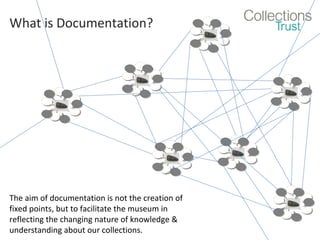 What is Documentation?

The aim of documentation is not the creation of
fixed points, but to facilitate the museum in
reflecting the changing nature of knowledge &
understanding about our collections.

 