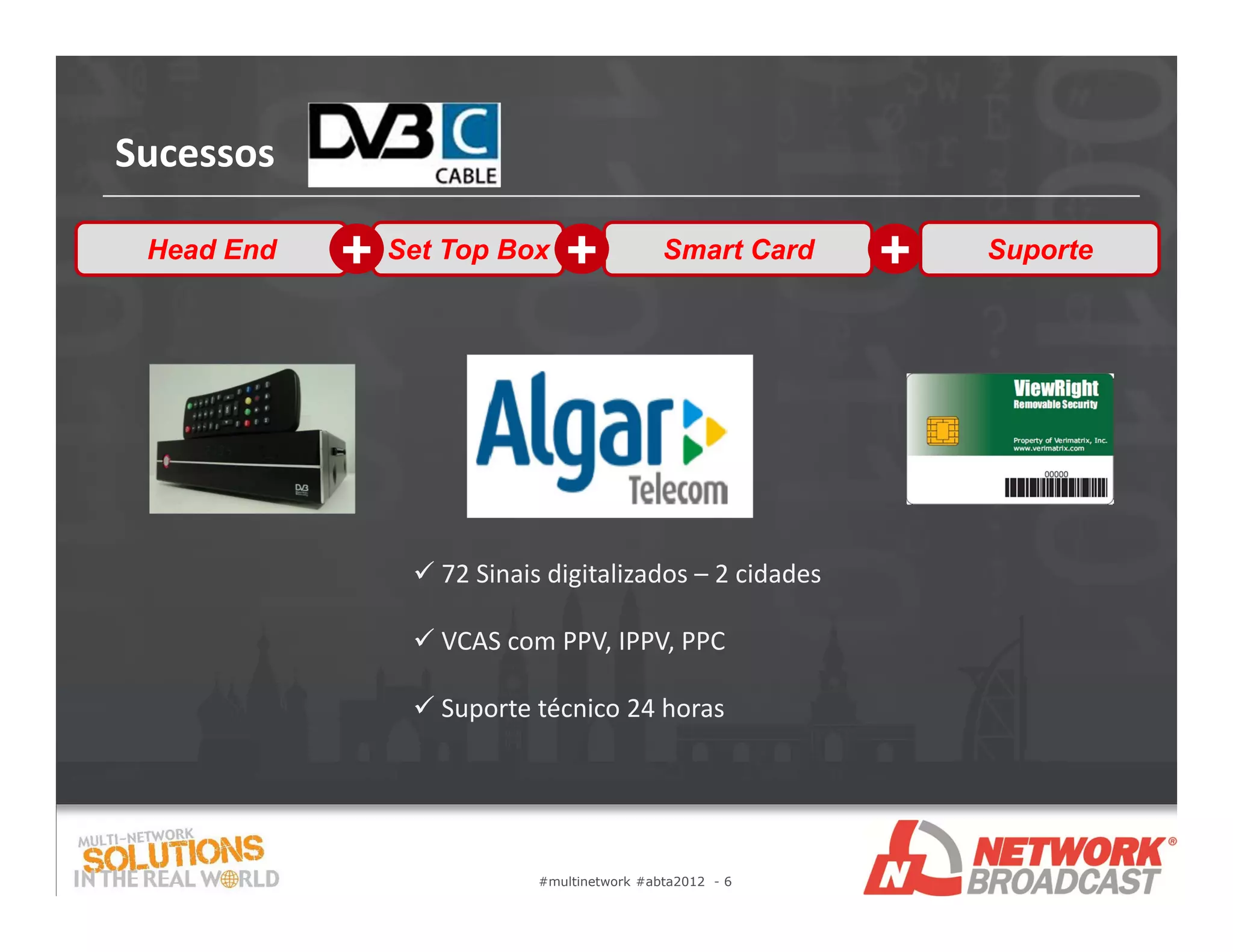 Sucessos

 Head End   + Set Top Box +                 Smart Card   +   Suporte




                 72 Sinais digitalizados – 2 cidades

                 VCAS com PPV, IPPV, PPC

                 Suporte técnico 24 horas




                           #multinetwork #abta2012 - 6
 