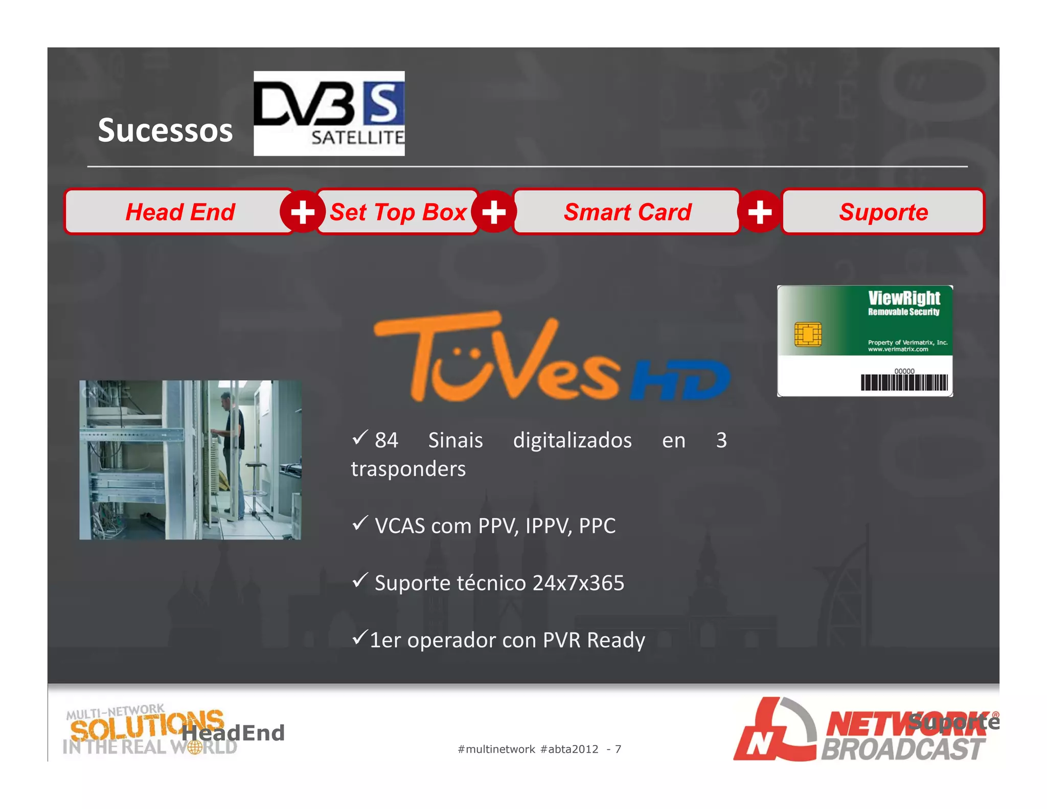 Sucessos

 Head End      + Set Top Box +                Smart Card            +   Suporte




                    84 Sinais        digitalizados        en   3
                   trasponders

                    VCAS com PPV, IPPV, PPC

                    Suporte técnico 24x7x365

                   1er operador con PVR Ready


                                                                             Suporte
     HeadEnd
                             #multinetwork #abta2012 - 7
 