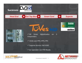 Sucessos

 Head End      + Set Top Box +                Smart Card            +   Suporte




                    84 Sinais        digitalizados        en   3
                   trasponders

                    VCAS com PPV, IPPV, PPC

                    Suporte técnico 24x7x365

                   1er operador con PVR Ready


                                                                             Suporte
     HeadEnd
                             #multinetwork #abta2012 - 7
 