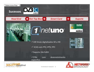 Seleccione Pais


    Sucessos

       Head End        + Set Top Box +                Smart Card        +   Suporte




                           100 Sinais digitalizados SD y HD

                            VCAS com PPV, IPPV, PPC

                           Soporte 24x7x365

                           STBs      com             desenvolvimento
                           especifico

                                                                                 Suporte
             HeadEnd
                                     #multinetwork #abta2012 - 8
 