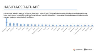 Metodologia
Em Tatuapé, merece menção o fato de ser a única hashtag que faz co-referência constante à macro-região da cidade,
Zona Leste, como caratér identitário afirmatório. Os grandes shoppings e pontos de circulação da população também
marcam presença nas principais hashtags:
HASHTAGS TATUAPÉ
 