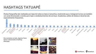 Metodologia
Muitas fotografias são realizadas por lojas de todos os tipos e tamanhos, mostrando que o Instagram tornou-se também
um canal direcionado a vendas para lojas e estabelecimentos de serviços. Academias, salões de beleza e docerias são
especialmente frequentes.
HASHTAGS TATUAPÉ
Nos exemplos ao lado, algumas fotos
típicas relacionadas à hashtag
#tatuapé.
 