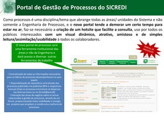 Portal de Gestão de Processos do SICREDI
Como processos é uma disciplina/tema que abrange todas as áreas/ unidades do Sistema e não
somente a Engenharia de Processos, e o novo portal tende a demorar um certo tempo para
estar no ar, faz-se necessário a criação de um hotsite que facilite a consulta, uso por todos os
públicos interessados com um visual dinâmico, atrativo, amistoso e de simples
leitura/assimilação/usabilidade à todos os colaboradores.
• Centralização de todas as informações necessárias
para os líderes de processos desempenharem os seus
papéis
• Disponibilização de repositório centralizado dos
processos publicados via publisher/BPA e respectivos
manuais (hoje os processos encontram-se dispersos
nas diversas áreas ou no Sicredi@prendi)
• Interação das áreas de negócio sobre os temas
relacionados à gestão de processos, através de um
fórum, proporcionando maior visibilidade e sinergia
nos projetos que propõem a revisão e/ou melhoria de
processos
O novo portal de processos será
uma ferramenta institucional das
áreas e não da Engenharia e
dará acesso a diversas outras
ferramentas de trabalho
 