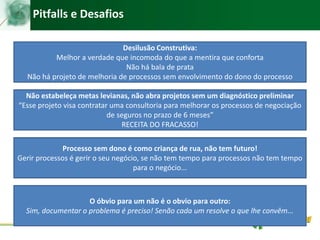 Pitfalls e Desafios
Desilusão Construtiva:
Melhor a verdade que incomoda do que a mentira que conforta
Não há bala de prata
Não há projeto de melhoria de processos sem envolvimento do dono do processo
Processo sem dono é como criança de rua, não tem futuro!
Gerir processos é gerir o seu negócio, se não tem tempo para processos não tem tempo
para o negócio...
Não estabeleça metas levianas, não abra projetos sem um diagnóstico preliminar
“Esse projeto visa contratar uma consultoria para melhorar os processos de negociação
de seguros no prazo de 6 meses”
RECEITA DO FRACASSO!
O óbvio para um não é o obvio para outro:
Sim, documentar o problema é preciso! Senão cada um resolve o que lhe convêm...
 