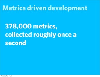 Metrics driven development

       378,000 metrics,
       collected roughly once a
       second



Thursday, May 17, 12
 