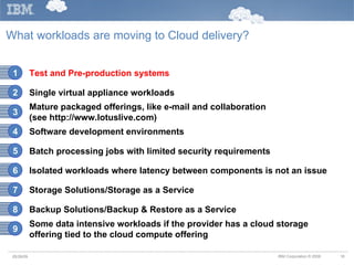 What workloads are moving to Cloud delivery? 05/26/09 Test and Pre-production systems 1 Single virtual appliance workloads 2 Mature packaged offerings, like e-mail and collaboration  (see http://www.lotuslive.com) 3 Software development environments 4 Batch processing jobs with limited security requirements 5 Isolated workloads where latency between components is not an issue 6 Storage Solutions/Storage as a Service 7 Backup Solutions/Backup & Restore as a Service 8 Some data intensive workloads if the provider has a cloud storage offering tied to the cloud compute offering 9 