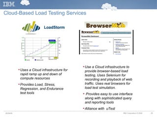 Cloud-Based Load Testing Services Use a Cloud infrastructure to provide browser-based load testing, Uses Selenium for recording and playback of web traffic. Uses real browsers for load test simulation. Provides easy to use interface along with sophisticated query and reporting tools Alliance with  uTest Uses a Cloud infrastructure for rapid ramp up and down of compute resources Provides Load, Stress, Regression, and Endurance test tools 05/26/09 