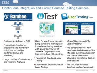 Continuous Integration and Crowd Sourced Testing Services Crowd Source model for usability testing Pre-screened users  who meet specified demographics.  Website owners can request that one or more users attempt to complete a task on their website.  Per unit price for video feedback and written report Uses Crowd Source model to bring together a marketplace for software testing services with global community of 16,000+ QA professionals from more than 150 countries  Functional, Load and User Testing Alliance with BrowserMob for Load Testing Built on top of Amazon EC2 Focused on Continuous Integration and distributed builds across multiple platforms (Linux and Windows) Large number of collaboration and reporting features 05/26/09 