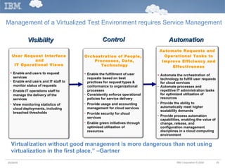 Automation Control Visibility Management of a Virtualized Test Environment requires Service Management Virtualization without good management is more dangerous than not using virtualization in the first place,” –Gartner 05/26/09 User Request Interface and  IT Operational Views Enable end users to request services Enable end users and IT staff to monitor status of requests Enable IT operations staff to manage the delivery of the services View monitoring statistics of cloud deployments, including breached thresholds Orchestration of People, Processes, Data, Technology Enable the fulfillment of user requests based on best practices for request types & conformance to organizational processes Consistently enforce operational policies for service delivery  Provide usage and accounting management for cloud services Provide security for cloud services Enable green initiatives through optimized utilization of resources Automate Requests and Operational Tasks to Improve Efficiency and Effectiveness Automate the orchestration of technology to fulfill user requests for cloud services Automate processes and repetitive IT administration tasks for optimized utilization of resources Provide the ability to automatically meet higher scalability demands Provide process automation capabilities, enabling the value of change, release, and configuration management disciplines in a cloud computing environment 