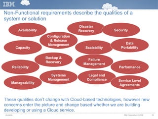 Non-Functional requirements describe the qualities of a system or solution These qualities don’t change with Cloud-based technologies, however new concerns enter the picture and change based whether we are building developing or using a Cloud service. Availability Capacity Backup & Recovery Configuration & Release Management Manageability Disaster Recovery Systems Management Reliability Scalability Failure Management Legal and Compliance Security Performance Service Level Agreements Data Portability 05/26/09 