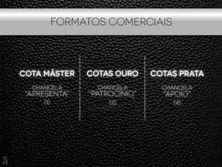 Cota MÁSTER
chancela
“apresenta”
(1)
Cotas OURO
chancela
“patrocínio”
(2)
Cotas PRATA
chancela
“apoio”
(4)
Formatos Comerciais
 
