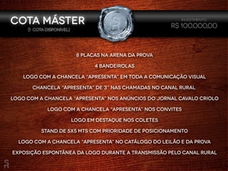 (1 cota disponível)
8 placas na arena da prova
4 bandeirolas
Logo com a chancela “apresenta” em toda a comunicação visual
Chancela “apresenta” de 3” nas chamadas no Canal Rural
Logo com a chancela “apresenta” nos anúncios do Jornal Cavalo Criolo
Logo com a chancela “apresenta” nos convites
Logo em destaque nos coletes
Stand de 5x5 mts com prioridade de posicionamento
Logo com a chancela “apresenta” no catálogo do leilão e da prova
Exposição espontânea da logo durante a transmissão pelo Canal Rural
Investimento:
R$ 100.000,00
Cota MÁSTER
 