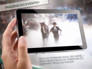 Início do 17º Remate Anual São Rafael -
Venda beneficiente da cobertura do
garanhão "Apolo do Purunã”
Imagens do evento>
 