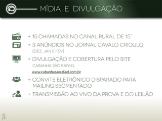 Mídia e Divulgação
+ 15 chamadas no Canal Rural de 15”
+ 3 anúncios no Jornal Cavalo Crioulo
(Dez, Jan e Fev)
+ Divulgação e cobertura pelo site
Cabanha São Rafael
www.cabanhasaorafael.com.br
+ Convite eletrônico disparado para
mailing segmentado
+ Transmissão ao vivo da prova e do leilão
 