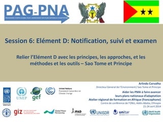 Aider les PMA à faireavancer
leurs plans nationaux d’adaptation
Atelier régional de formation en Afrique (francophone)
Centre de conférence de l’ONU, Addis Abeba, Ethiopie
21-24 avril 2014
Arlindo Carvalho
DirecteurGeneral de l’Environment/ Sao Tome et Principe
Session 6: Elément D: Notification, suivi et examen
Relier l’Elément D avec les principes, les approches, et les
méthodes et les outils – Sao Tome et Principe
 