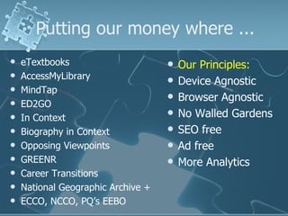 Putting our money where ...
   eTextbooks                         Our Principles:
   AccessMyLibrary                    Device Agnostic
   MindTap
                                       Browser Agnostic
   ED2GO
   In Context
                                       No Walled Gardens
   Biography in Context               SEO free
   Opposing Viewpoints                Ad free
   GREENR                             More Analytics
   Career Transitions
   National Geographic Archive +
   ECCO, NCCO, PQ’s EEBO
 